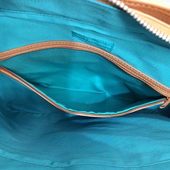 Bath & Body Works Teal Corduroy Tan Faux Leather Tote Shoulder Bag Buckle Accent - Picture 6 of 15